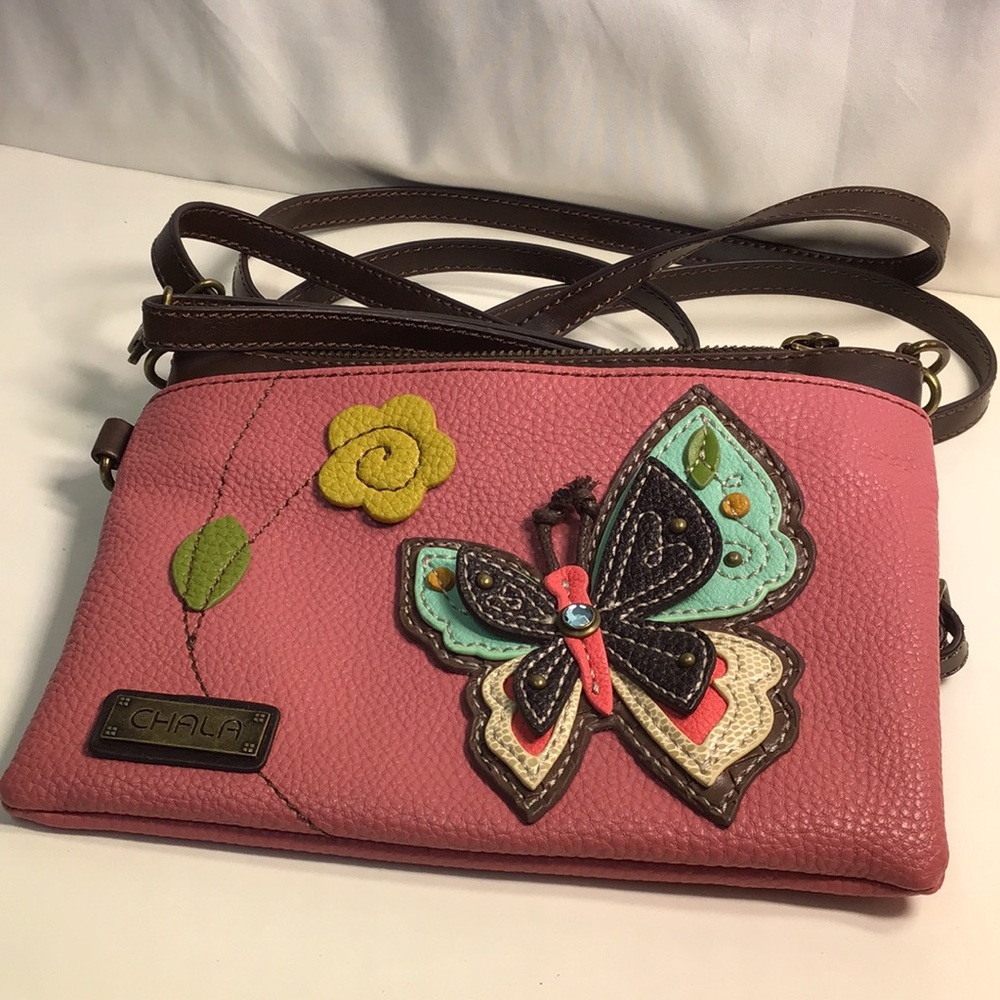 Chala Pink Butterfly Crossbody Bag with 2 strap options, clean like new Quality